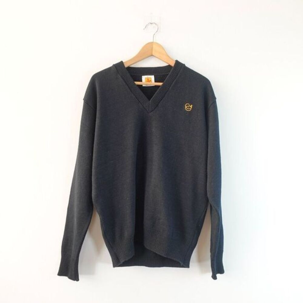 Black V Neck Sweater Mens‎ Large Logo Simple Basic Dark Minimalist A+